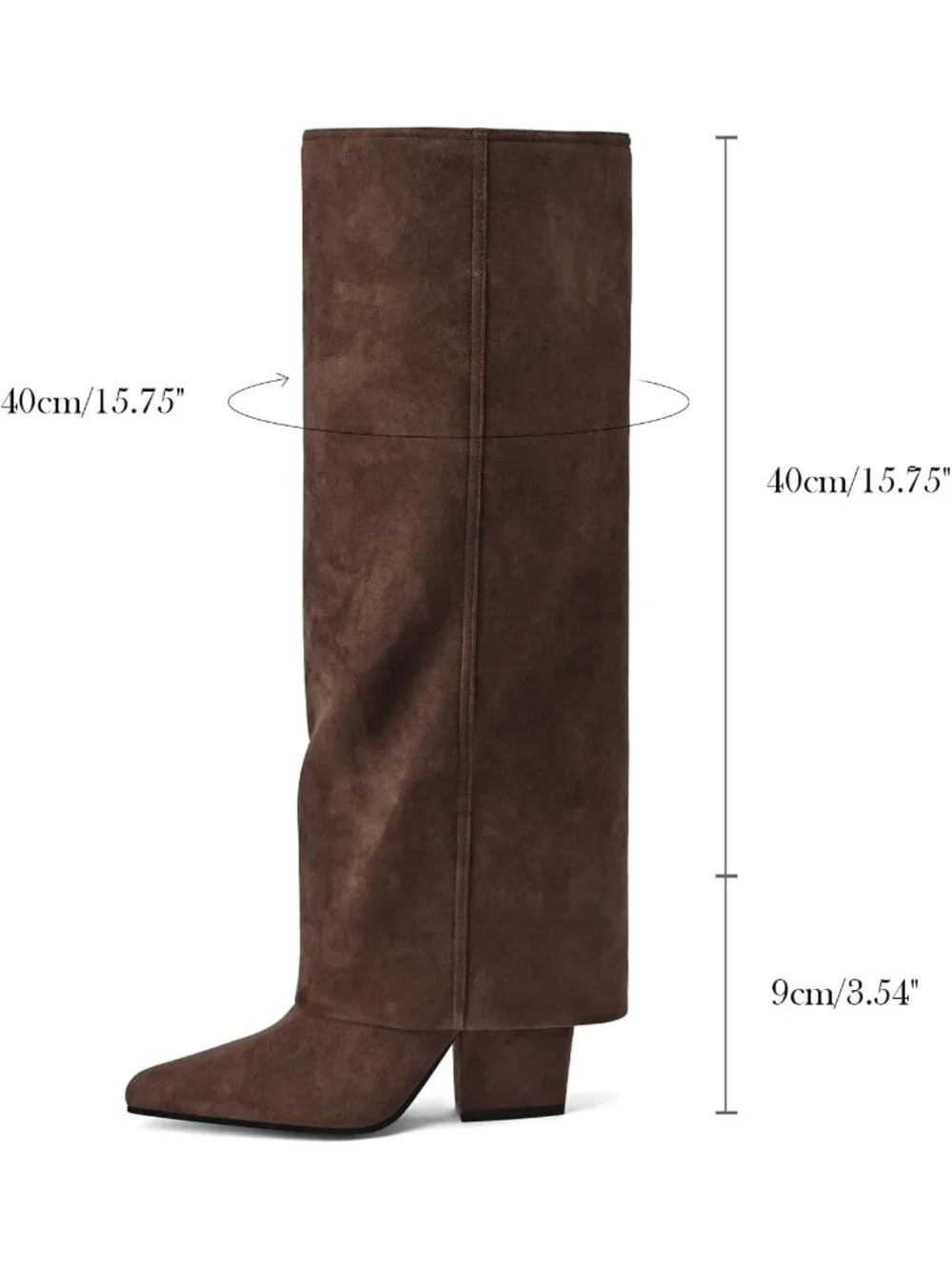 Women's Brown Block Low Heels Knee High Fold Over Pointed Toe Shark Tall Boots